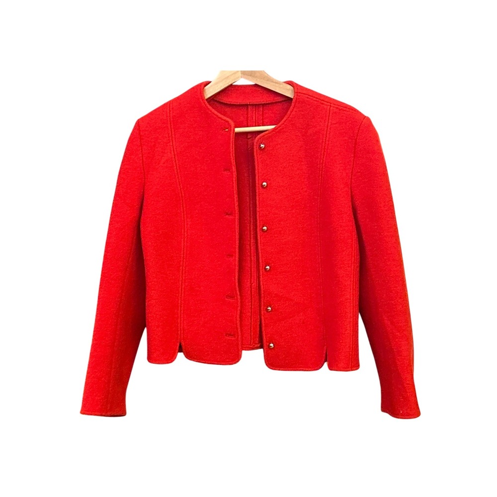 Vintage Larry Levine Red Wool Cropped Jacket Minimalist Collarless Cottagecore